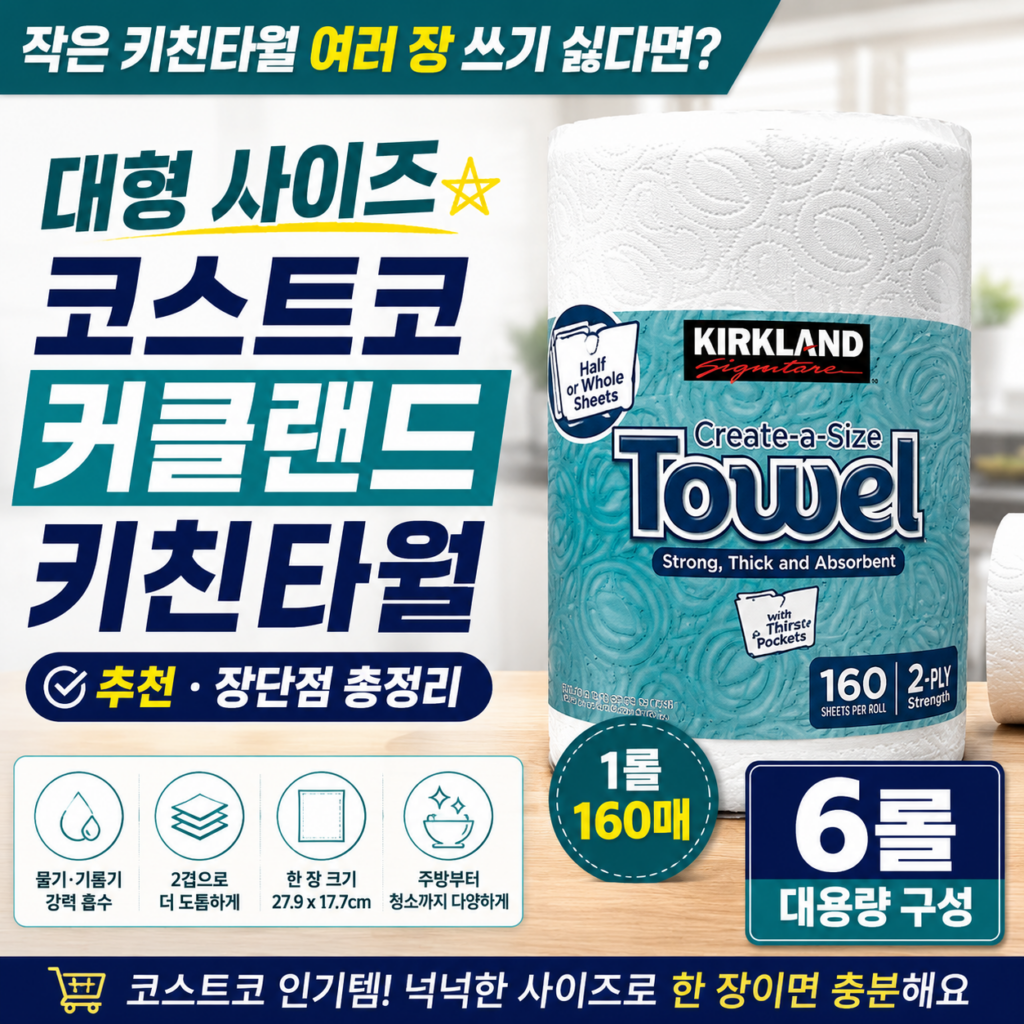 작은 키친타월 여러 장 쓰기 싫다면? 대형 사이즈 코스트코 커클랜드 키친타월 추천·장단점 제품 이미지