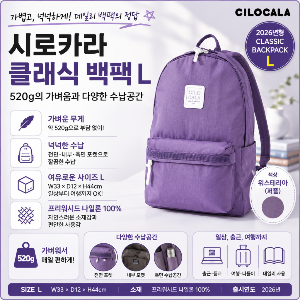 출근·여행 때 무거운 가방이 부담이라면? 520g 시로카라 클래식 데일리 백팩 L 추천·장단점 제품 이미지