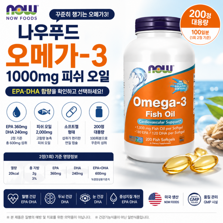 오메가3 매번 소량 구매하기 번거롭다면? EPA·DHA 함량 확인 쉬운 나우푸드 오메가3 200정 추천·장단점