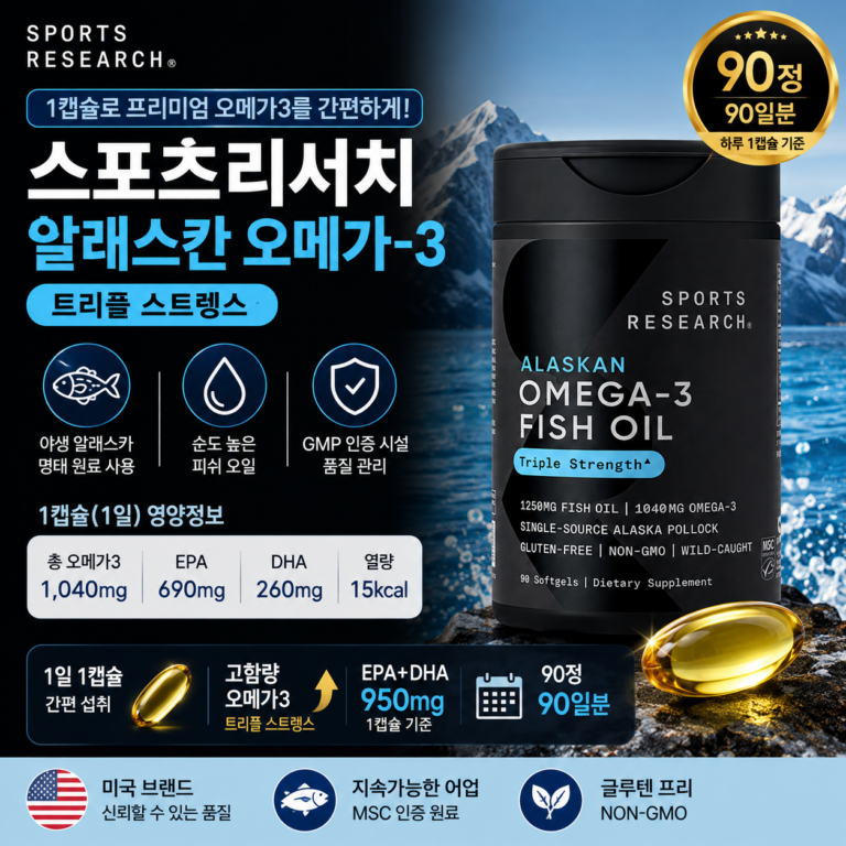 여러 알 챙겨 먹는 오메가3가 번거롭다면? 1캡슐 1040mg 스포츠리서치(Sports Research) 오메가3 90정 추천·장단점
