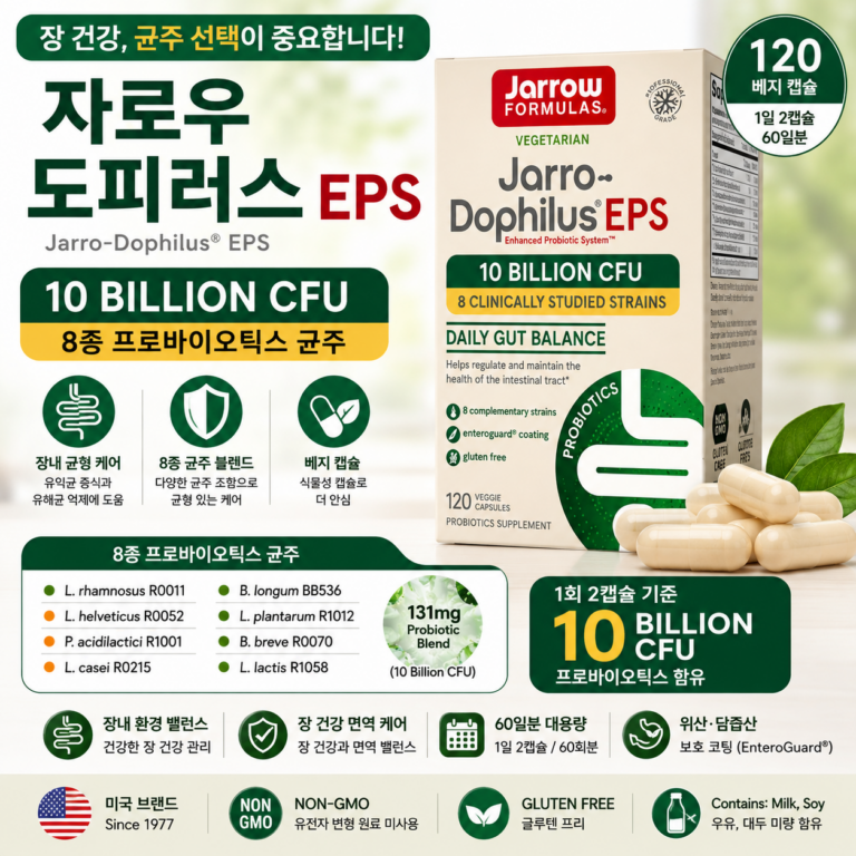 유산균마다 균주 고르기 어렵다면? 8종 프로바이오틱스 균주·100억 CFU 자로우 도피러스 EPS 120정 추천·장단점
