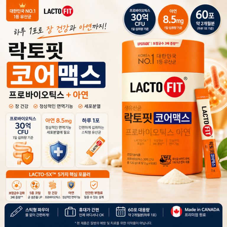 유산균 먹으면서 아연까지 따로 챙기기 번거롭다면? 30억 CFU 락토핏 코어맥스 60포 추천·장단점