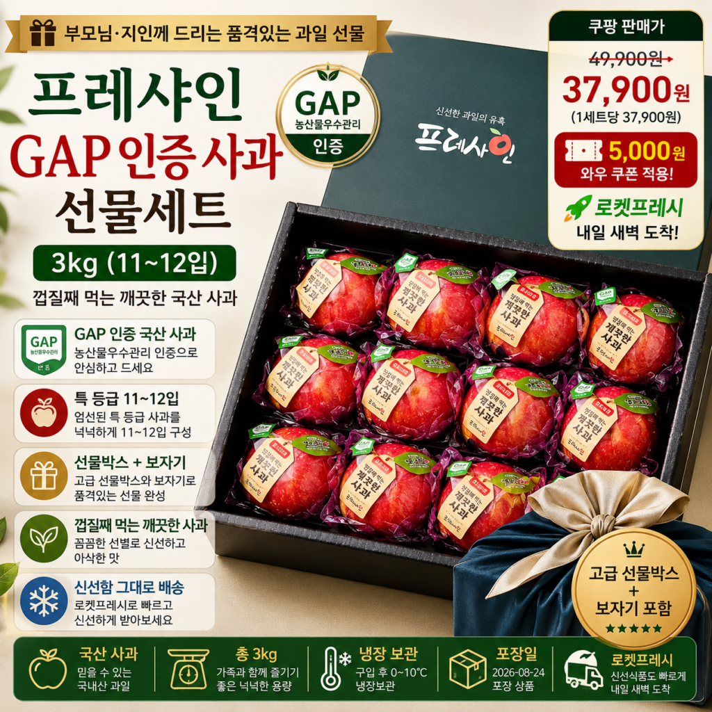 추석 명절 선물세트 추천 GAP 프레샤인 사과 3kg 11~12입 로켓프레시·쿠폰 가격 제품 이미지