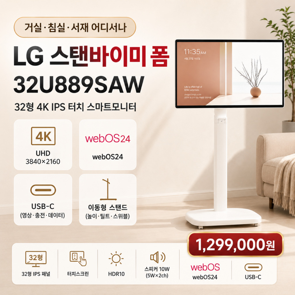 LG 이동형 스마트모니터 32U889SAW 32형 4K 터치·webOS 24 129만원대 제품 이미지