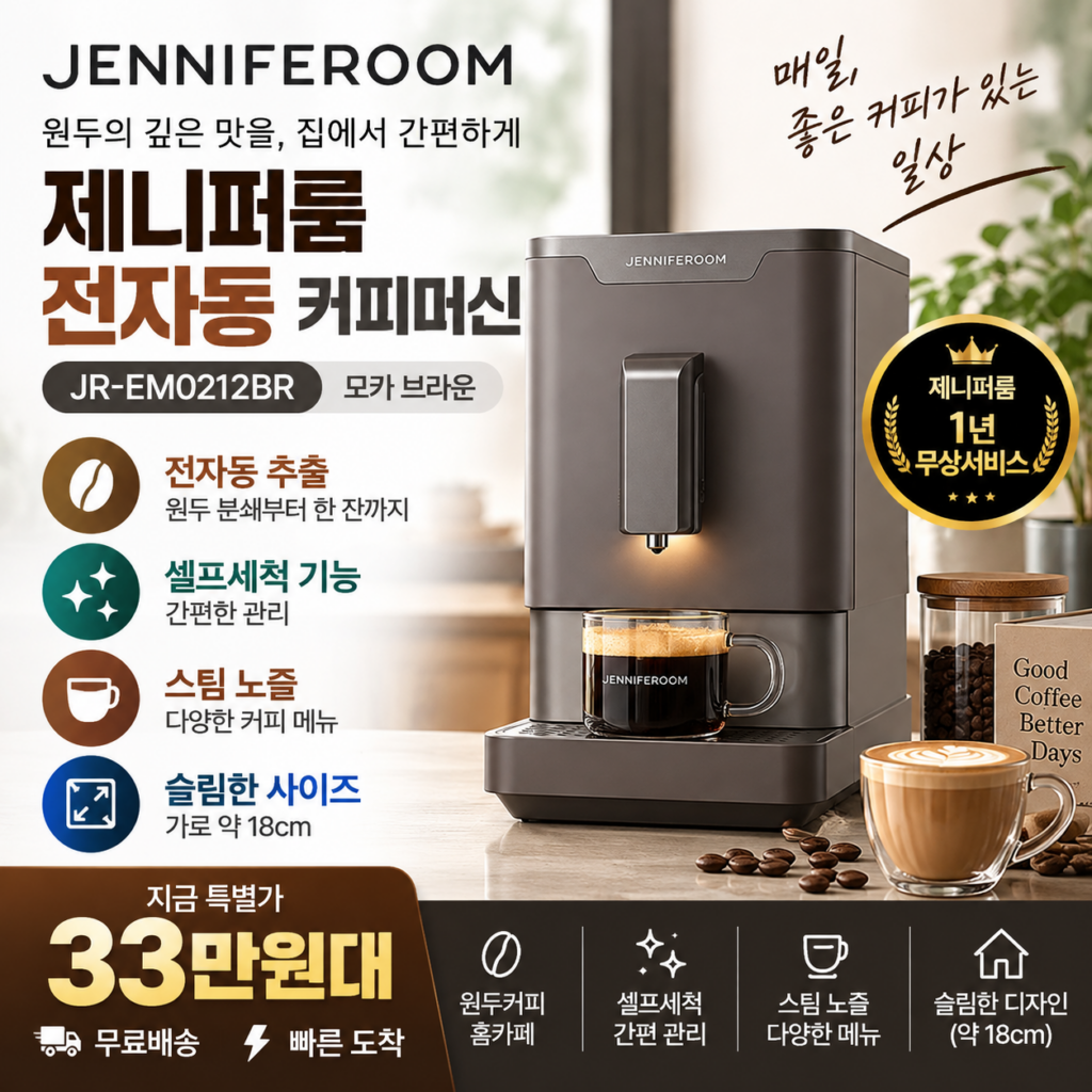 제니퍼룸 전자동 커피머신 JR-EM0212BR 1235W 셀프세척 33만원대 제품 이미지