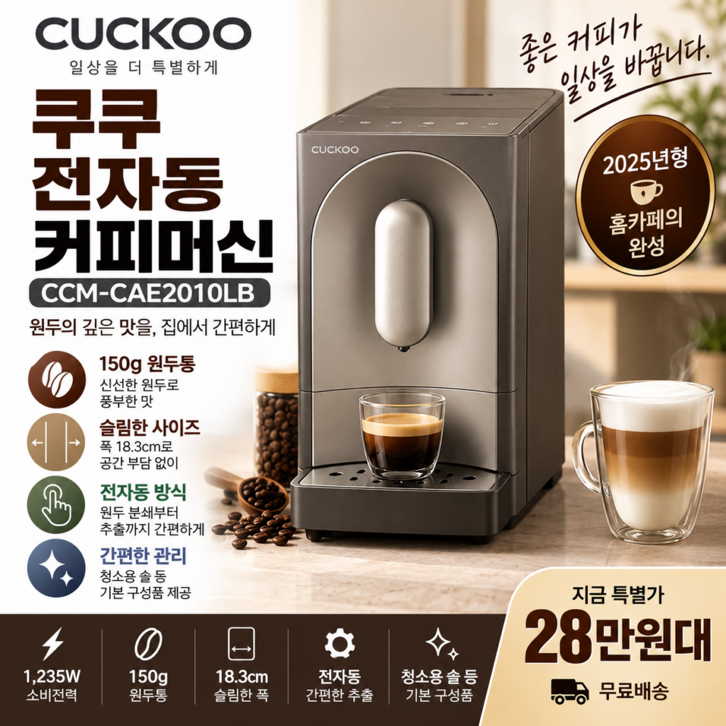쿠쿠 전자동 커피머신 CCM-CAE2010LB 1235W 150g 원두통 28만원대 제품 이미지