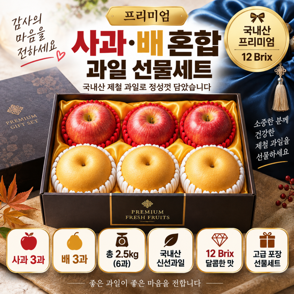 추석 명절 선물용 사과 배 선물세트 국내산 2.5kg 6과 사과3·배3 12브릭스 3만원대 제품 이미지