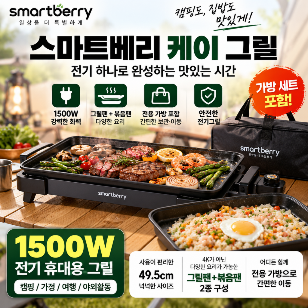 전기그릴 스마트베리 케이 SBG-01 1500W 휴대용 그릴 가방세트 14만원대 제품 이미지