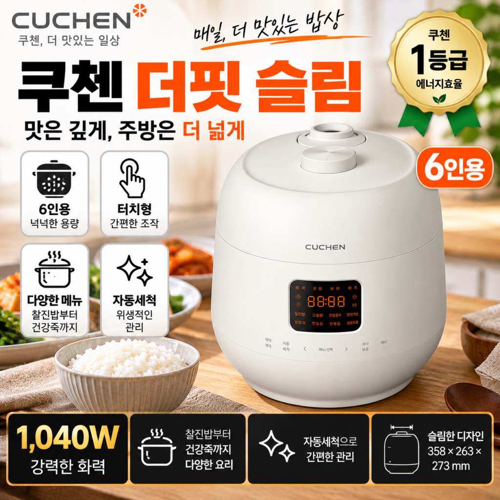 쿠첸 6인용 압력밥솥 더핏 슬림 CRS-FSWD0640W 1등급 12만원대 제품 이미지