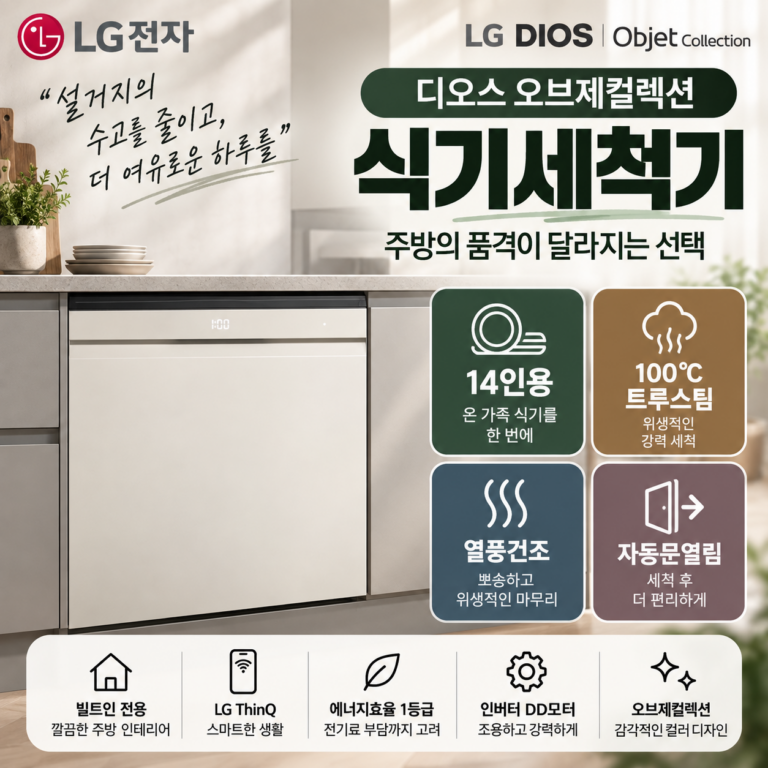 LG 식기세척기 디오스 오브제컬렉션 DEE6BGE 14인용 빌트인 트루스팀·열풍건조 스펙·장단점
