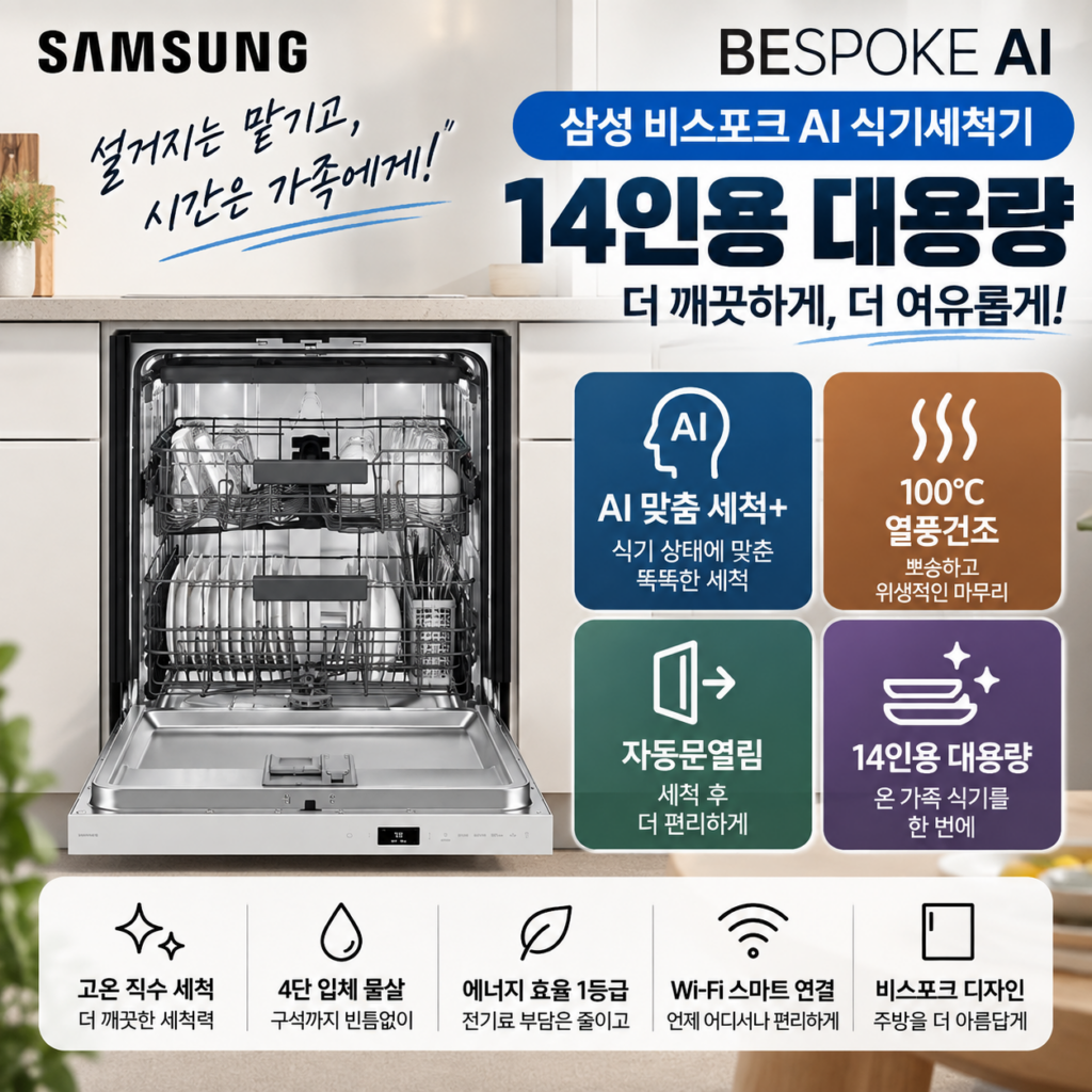 삼성 식기세척기 BESPOKE AI DW80F73X1UEW 14인용 열풍건조 초특가 행사 제품 이미지