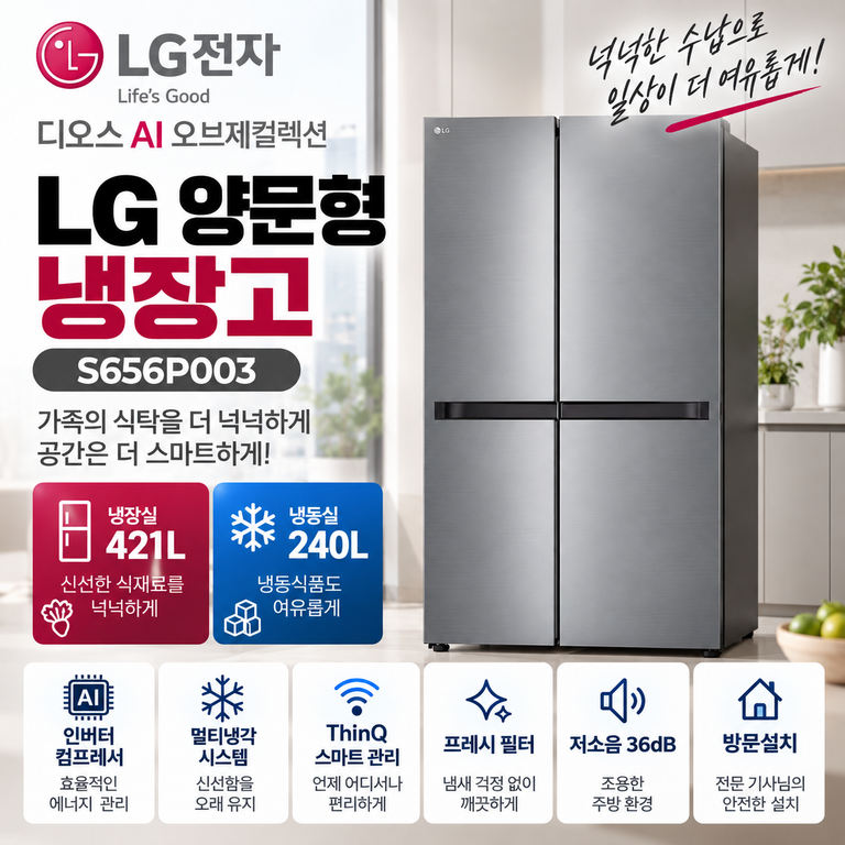 LG 디오스 S656P003 661L 양문형 냉장고 냉장 421L·냉동 240L 설치·가격 정리