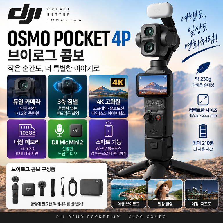 여행용 포켓 카메라 DJI Osmo Pocket 4P 브이로그 콤보 마이크·4K 기능 구성 정리