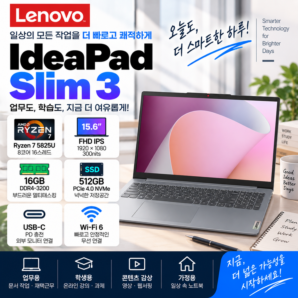 레노버 IdeaPad Slim 3 15ABR8 82XM015WKR Ryzen 7 업무용 노트북 특가 제품 이미지