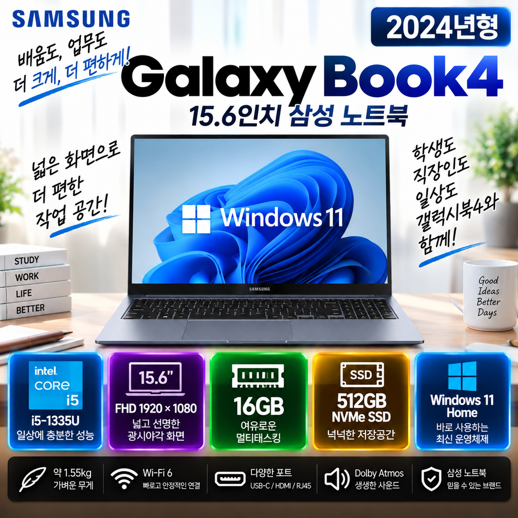 삼성 갤럭시북4 15.6인치 i5 16GB·512GB 업무용 노트북 할인 가격 정리 제품 이미지