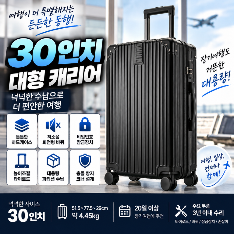 대형 여행용 캐리어 30인치 블랙 4.45kg 저소음 바퀴·수납 구성 확인