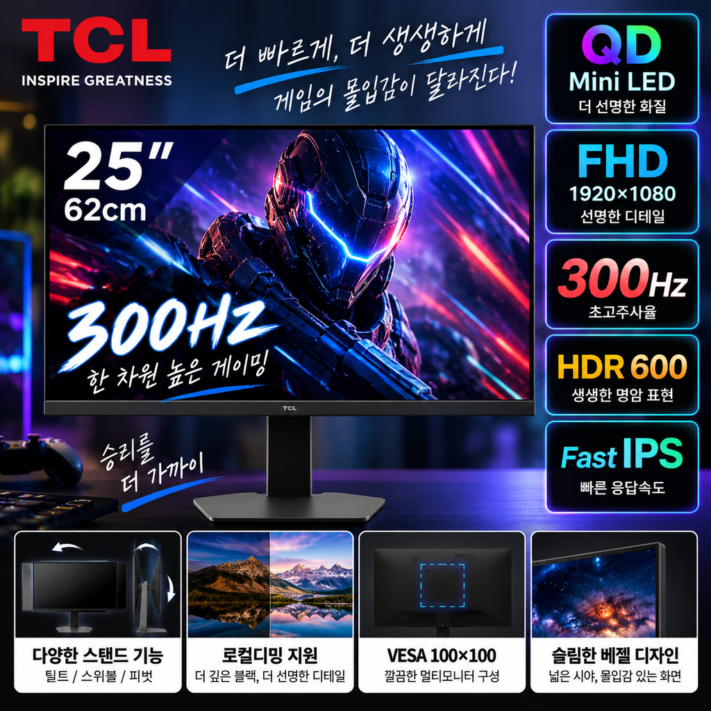 TCL 25G64 FHD 300Hz Fast IPS QD Mini LED 게이밍 모니터 구매 전 가격 확인 제품 이미지